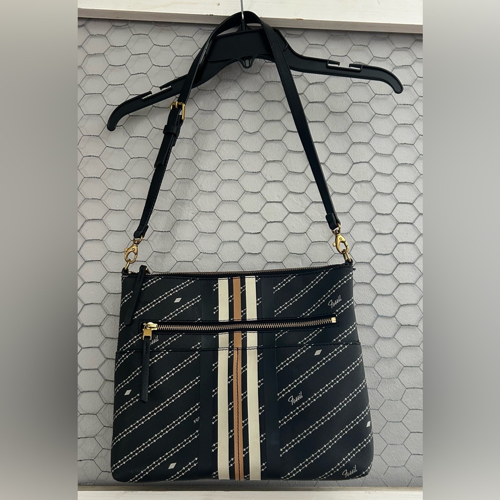Fossil Striped Black and Tan Crossbody Bag